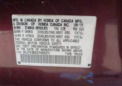 2007 Honda Ridgeline Rtl from USA, damaged, VIN 2HJYK16537H511371